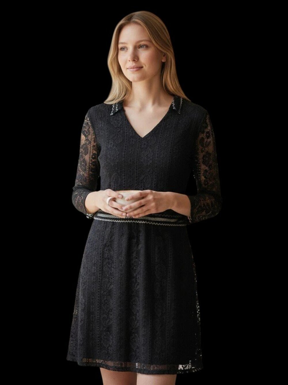 New Aphratti Womens Medium Black Floral Lace Long Sleeve V Neck A-Line Dress M